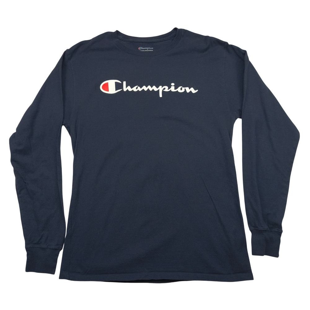 Championโ Mens Long Sleeve Graphic T-Shirt Navy Blue Script Logo Size M 411-902